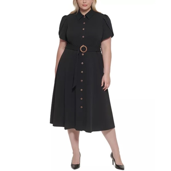 NWT Calvin Klein Black Tulip Sleeve Belted Midi Dress Sz 20 - Picture 1 of 12